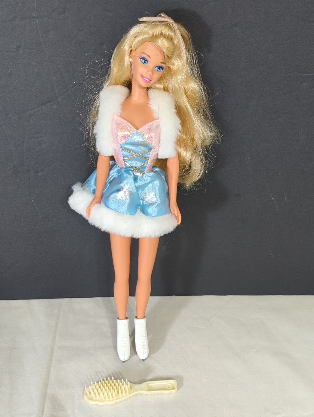 Skating Star Barbie 1995 Blonde Doll in Pink & Lt. Blue Fur-Trim Dress & Skates